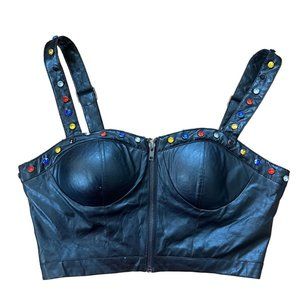 Womens Forever 21 Black Gem Faux Leather Crop Top